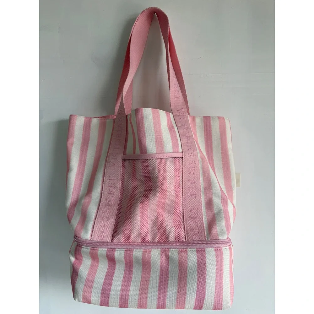 Victorias Secret barbie Pink White Stripe Cooler Tote Bag Beach Picnic Canvas